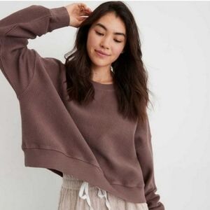 Aerie New Love Brown Ribbed Corduroy Cropped Crewneck Sweatshirt